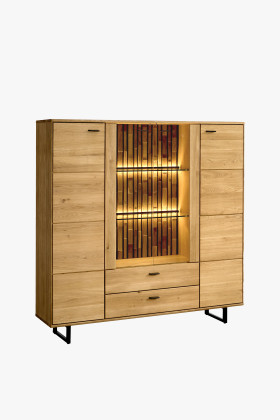 Tölgyfa tálalószekrény ajtókkal és fiókokkal, fém lábakon, 148 cm